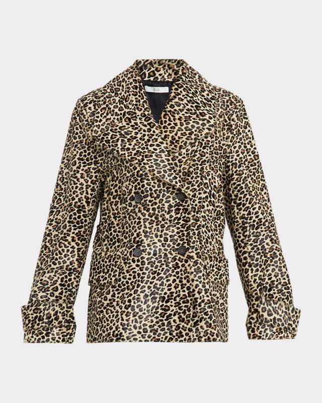 Leopard-Print Ponyhair Double-Breasted Short Peacoat